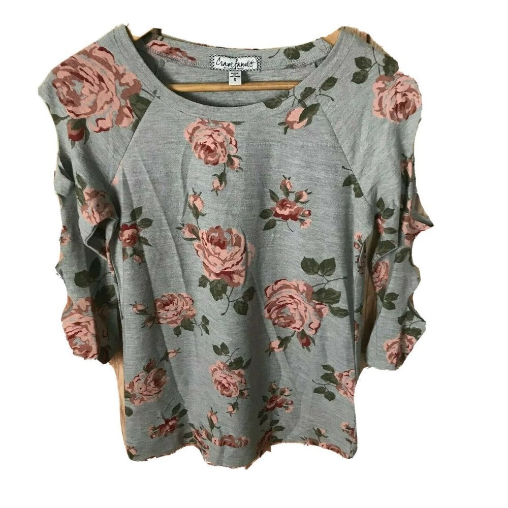 Crave Fame Knit Top Small Floral Sleeve Cut Outs Lightweight Sweater Gray New